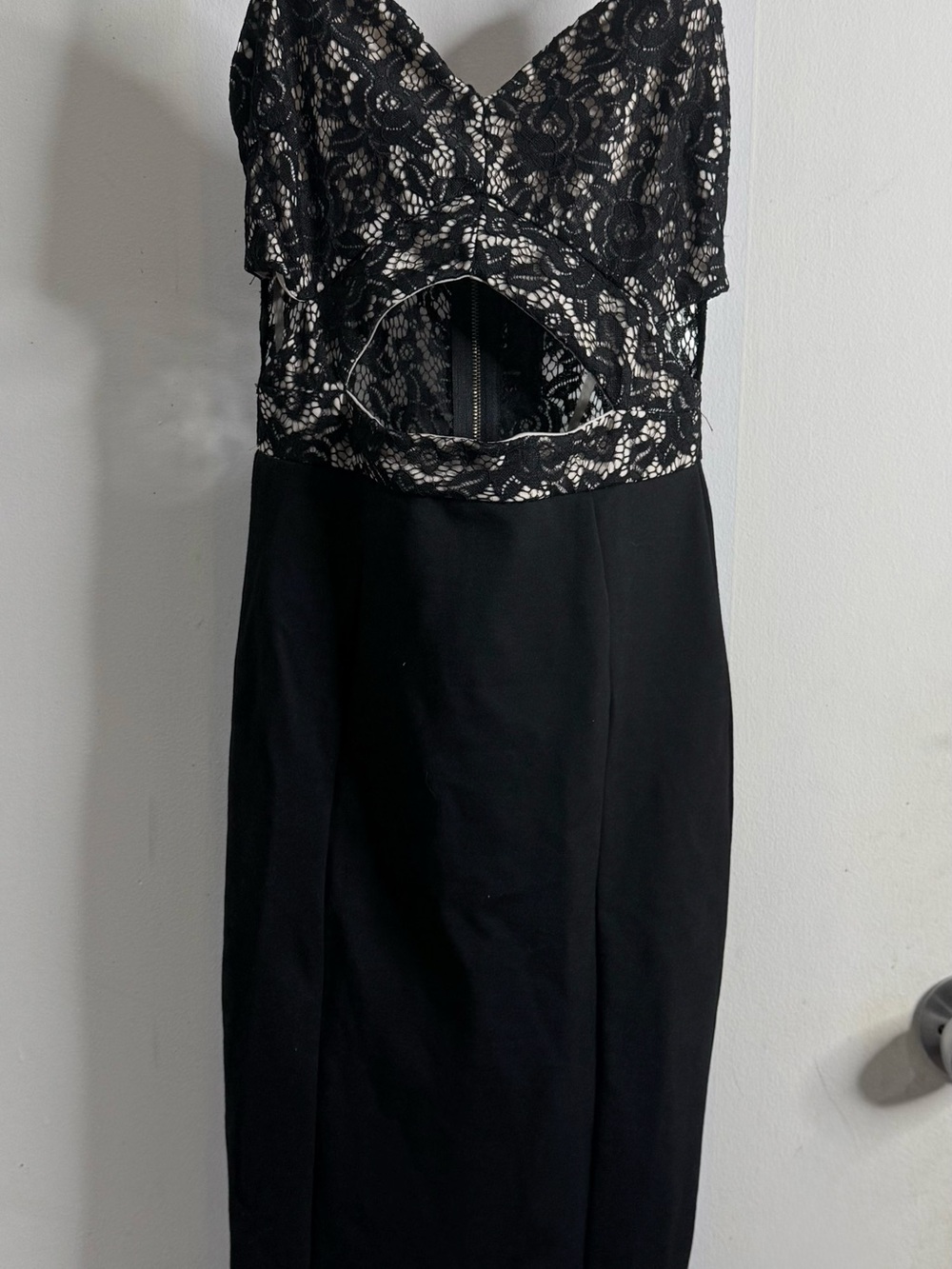 privy Black Lace-Overlay Strapless Midi Dress with Front Cutout